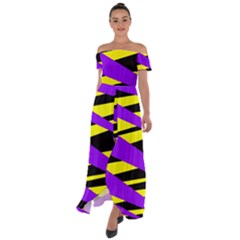 Abstract Triangles, Three Color Dotted Pattern, Purple, Yellow, Black In Saturated Colors Off Shoulder Open Front Chiffon Dress