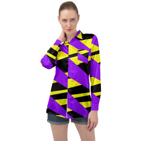 Abstract Triangles, Three Color Dotted Pattern, Purple, Yellow, Black In Saturated Colors Long Sleeve Satin Shirt by Casemiro