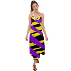 Abstract Triangles, Three Color Dotted Pattern, Purple, Yellow, Black In Saturated Colors Halter Tie Back Dress  by Casemiro