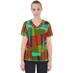 Rainbow Colors Palette Mix, Abstract Triangles, Asymmetric Pattern Women s V-neck Scrub Top by Casemiro