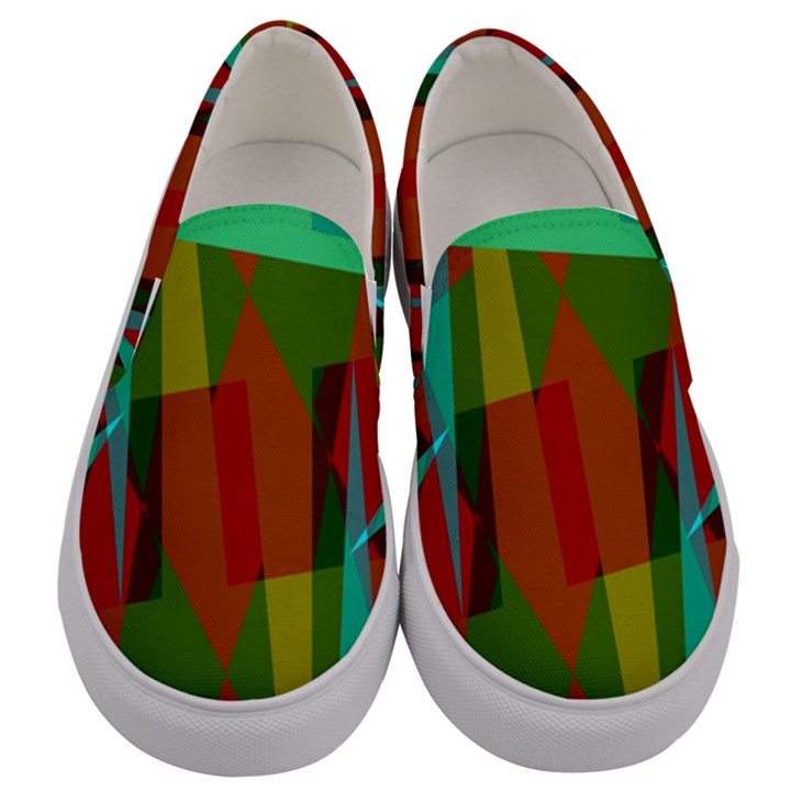 Rainbow colors palette mix, abstract triangles, asymmetric pattern Men s Canvas Slip Ons