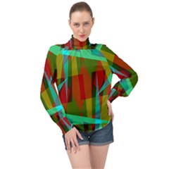 Rainbow Colors Palette Mix, Abstract Triangles, Asymmetric Pattern High Neck Long Sleeve Chiffon Top by Casemiro