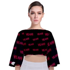 Yeah Word Motif Print Pattern Tie Back Butterfly Sleeve Chiffon Top