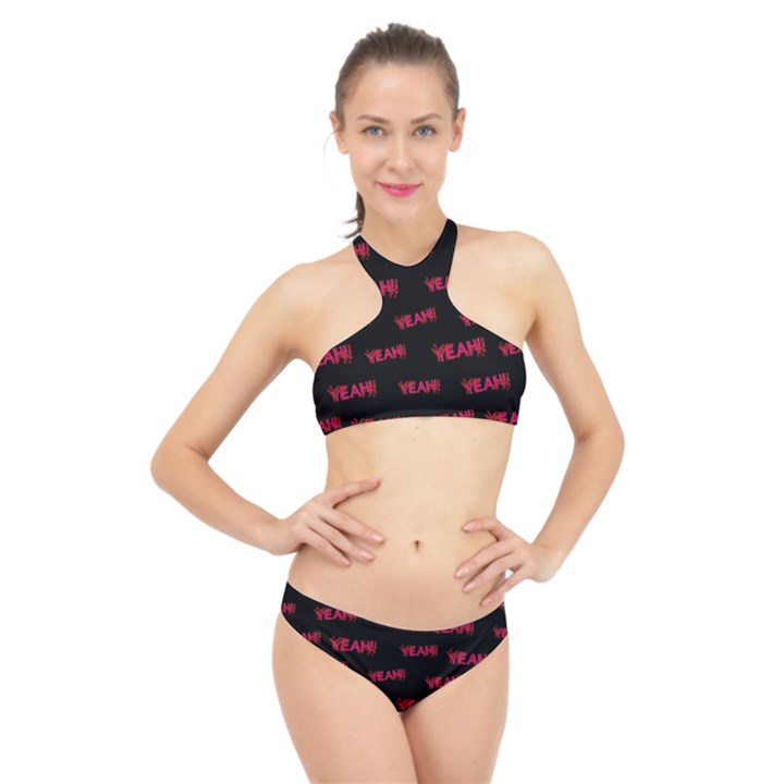 Yeah Word Motif Print Pattern High Neck Bikini Set