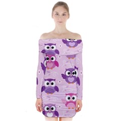 Seamless Cute Colourfull Owl Kids Pattern Long Sleeve Off Shoulder Dress by Amaryn4rt