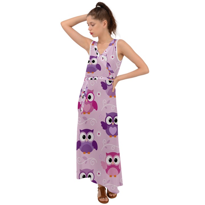 Seamless Cute Colourfull Owl Kids Pattern V-Neck Chiffon Maxi Dress