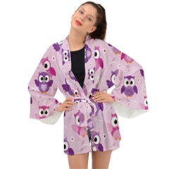 Seamless Cute Colourfull Owl Kids Pattern Long Sleeve Kimono