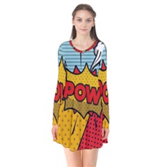 Pow Word Pop Art Style Expression Vector Long Sleeve V-neck Flare Dress by Amaryn4rt