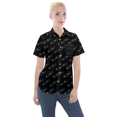 Xoxo Black And White Pattern, Kisses And Love Geometric Theme Women s Short Sleeve Pocket Shirt by Casemiro