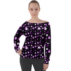 Purple, Pink Bokeh Dots, Asymmetric Polka Dot With Modern Twist Off Shoulder Long Sleeve Velour Top by Casemiro