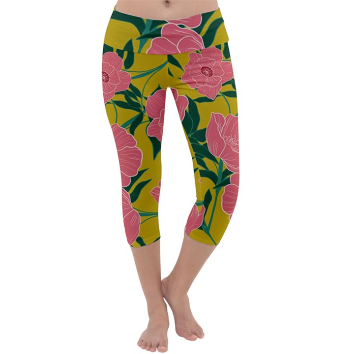 Pink Flower Seamless Pattern Capri Yoga Leggings