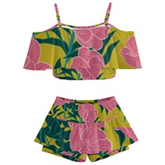 Pink Flower Seamless Pattern Kids  Off Shoulder Skirt Bikini by Amaryn4rt