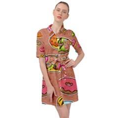 Doughnut Doodle Colorful Seamless Pattern Belted Shirt Dress by Amaryn4rt
