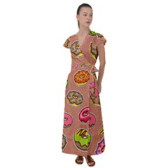 Doughnut Doodle Colorful Seamless Pattern Flutter Sleeve Maxi Dress