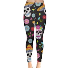 Day Dead Skull With Floral Ornament Flower Seamless Pattern Leggings  by Amaryn4rt