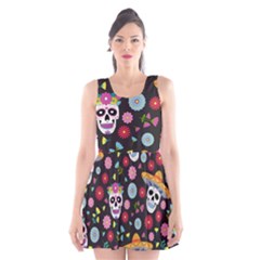Day Dead Skull With Floral Ornament Flower Seamless Pattern Scoop Neck Skater Dress