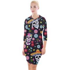 Day Dead Skull With Floral Ornament Flower Seamless Pattern Quarter Sleeve Hood Bodycon Dress by Amaryn4rt