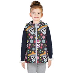 Day Dead Skull With Floral Ornament Flower Seamless Pattern Kids  Hooded Puffer Vest by Amaryn4rt