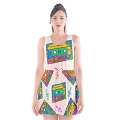 Seamless Pattern With Colorfu Cassettes Hippie Style Doodle Musical Texture Wrapping Fabric Vector Scoop Neck Skater Dress