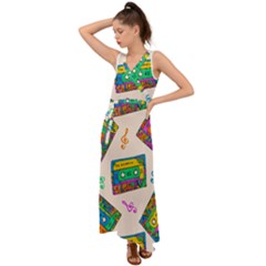 Seamless Pattern With Colorfu Cassettes Hippie Style Doodle Musical Texture Wrapping Fabric Vector V-neck Chiffon Maxi Dress