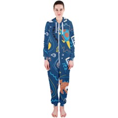 Seamless Pattern Vector Submarine With Sea Animals Cartoon Hooded Jumpsuit (ladies) 