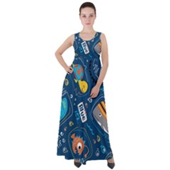 Seamless Pattern Vector Submarine With Sea Animals Cartoon Empire Waist Velour Maxi Dress