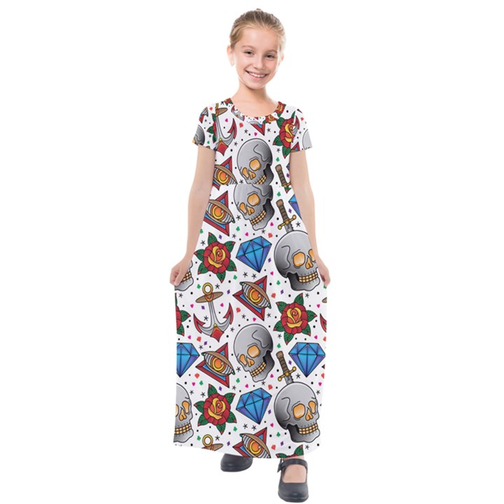 Full Color Flash Tattoo Patterns Kids  Short Sleeve Maxi Dress