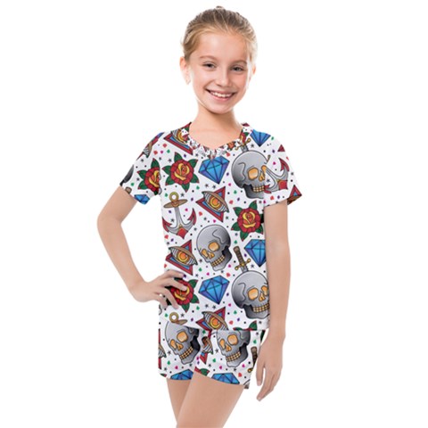 Full Color Flash Tattoo Patterns Kids  Mesh Tee And Shorts Set by Amaryn4rt