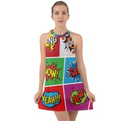 Pop Art Comic Vector Speech Cartoon Bubbles Popart Style With Humor Text Boom Bang Bubbling Expressi Halter Tie Back Chiffon Dress by Amaryn4rt