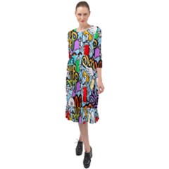 Graffiti Characters Seamless Pattern Ruffle End Midi Chiffon Dress