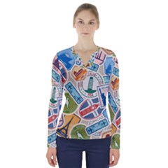 Travel Pattern Immigration Stamps Stickers With Historical Cultural Objects Travelling Visa Immigrant V-neck Long Sleeve Top by Amaryn4rt