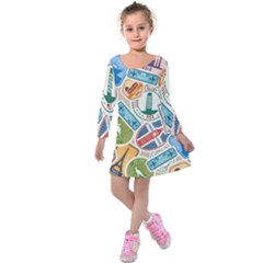 Travel Pattern Immigration Stamps Stickers With Historical Cultural Objects Travelling Visa Immigrant Kids  Long Sleeve Velvet Dress by Amaryn4rt