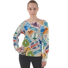 Travel Pattern Immigration Stamps Stickers With Historical Cultural Objects Travelling Visa Immigrant Off Shoulder Long Sleeve Velour Top by Amaryn4rt