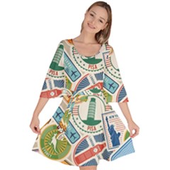 Travel Pattern Immigration Stamps Stickers With Historical Cultural Objects Travelling Visa Immigrant Velour Kimono Dress by Amaryn4rt