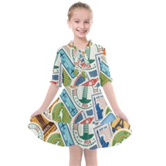 Travel Pattern Immigration Stamps Stickers With Historical Cultural Objects Travelling Visa Immigrant Kids  All Frills Chiffon Dress by Amaryn4rt