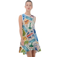 Travel Pattern Immigration Stamps Stickers With Historical Cultural Objects Travelling Visa Immigrant Frill Swing Dress by Amaryn4rt