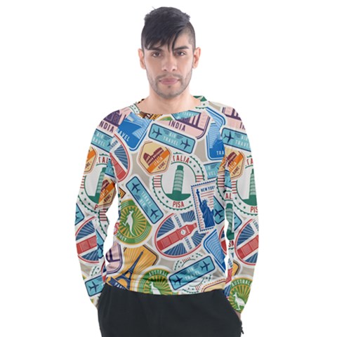Travel Pattern Immigration Stamps Stickers With Historical Cultural Objects Travelling Visa Immigrant Men s Long Sleeve Raglan Tee by Amaryn4rt