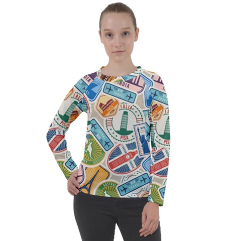 Travel Pattern Immigration Stamps Stickers With Historical Cultural Objects Travelling Visa Immigrant Women s Long Sleeve Raglan Tee by Amaryn4rt