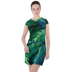 Tropical Green Leaves Background Drawstring Hooded Dress by Amaryn4rt