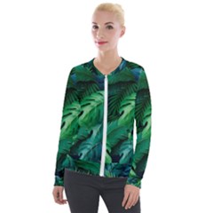 Tropical Green Leaves Background Velour Zip Up Jacket by Amaryn4rt