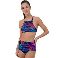 Background With Violet Blue Tropical Leaves High Waist Tankini Set