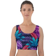 Background With Violet Blue Tropical Leaves Velvet Crop Top by Amaryn4rt