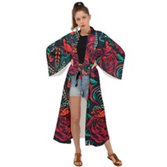 Vintage Flash Tattoos Designs Seamless Pattern Maxi Kimono