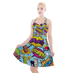 Comic Elements Colorful Seamless Pattern Halter Party Swing Dress  by Amaryn4rt