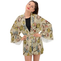 Seamless Pattern With Flower Bird Long Sleeve Kimono