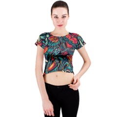 Vintage Tattoos Colorful Seamless Pattern Crew Neck Crop Top by Amaryn4rt