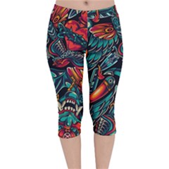 Vintage Tattoos Colorful Seamless Pattern Velvet Capri Leggings  by Amaryn4rt