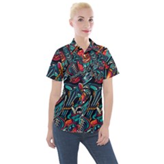 Vintage Tattoos Colorful Seamless Pattern Women s Short Sleeve Pocket Shirt
