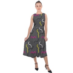 Gray Pattern Midi Tie-back Chiffon Dress by Saptagram