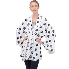 Dog Paws Pattern, Black And White Vector Illustration, Animal Love Theme Long Sleeve Velvet Kimono  by Casemiro